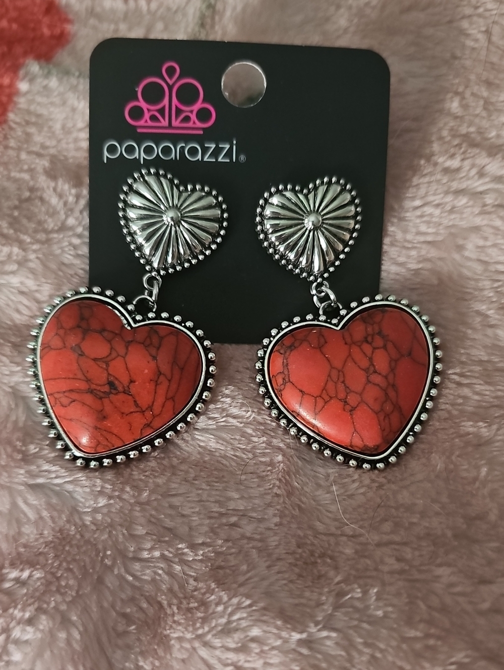 paparazzi Red Stone Heart Drop Earrings with Silver-Tone Detailing